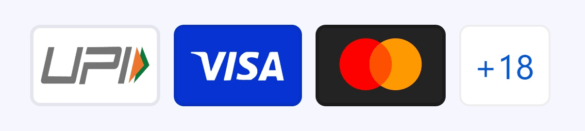 Accepted payment methods: UPI, Visa, Mastercard and 18 more