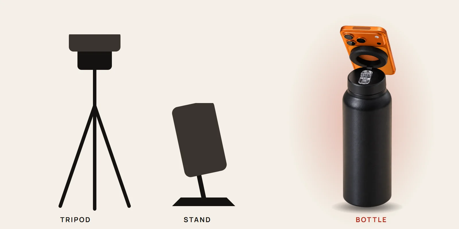 A phone tripod, a desk phone stand and the illegalsoup MagSafe bottle with a phone on it, side by side