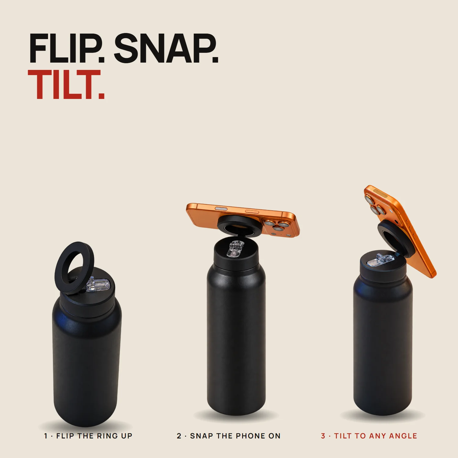 How it works: flip the magnetic ring up, snap the phone on, tilt it to any angle