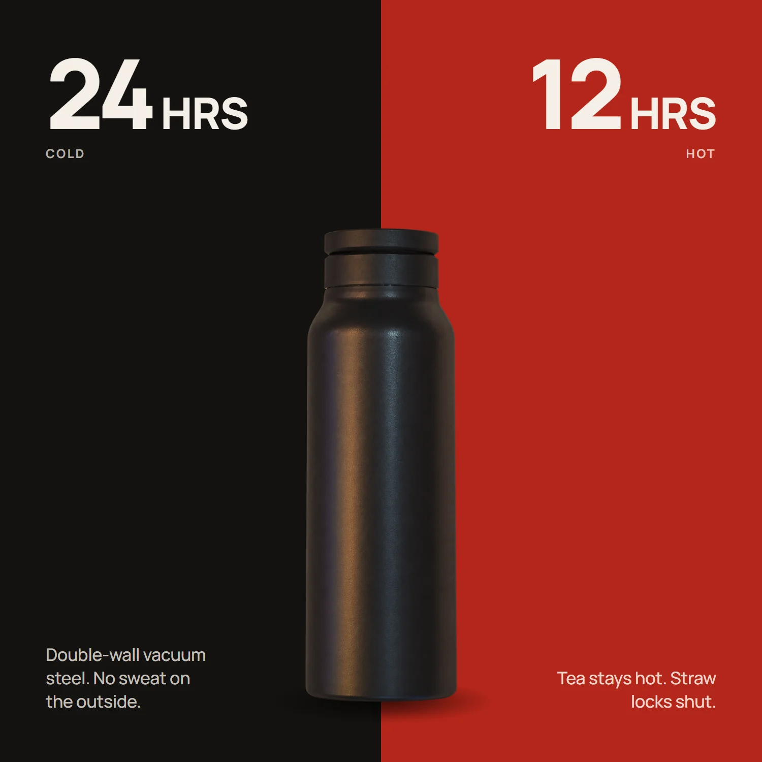 Double-wall vacuum insulation keeps drinks cold for 24 hours and hot for 12 hours