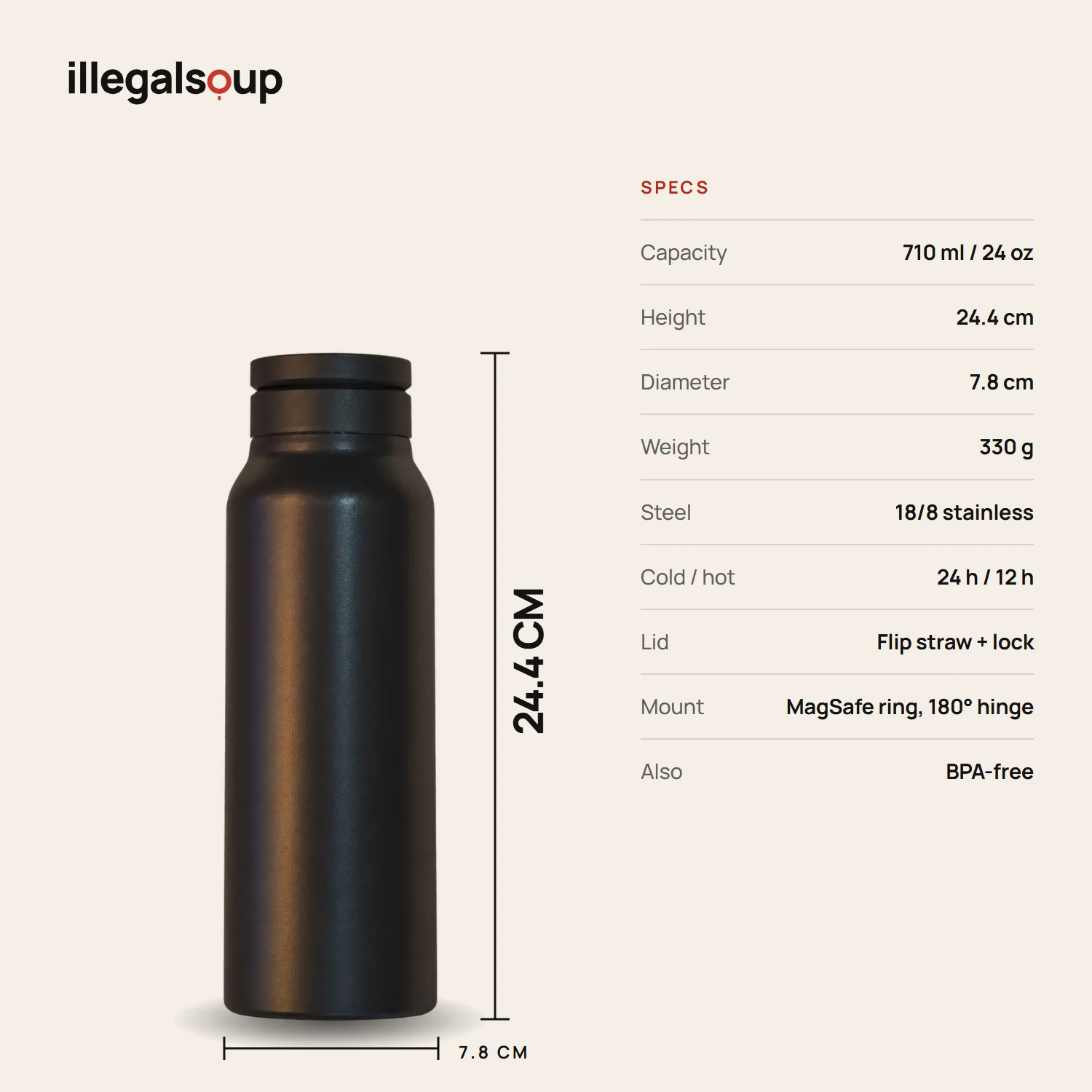Bottle dimensions and specifications: 710 ml, 24.4 cm tall, 7.8 cm wide, 330 g