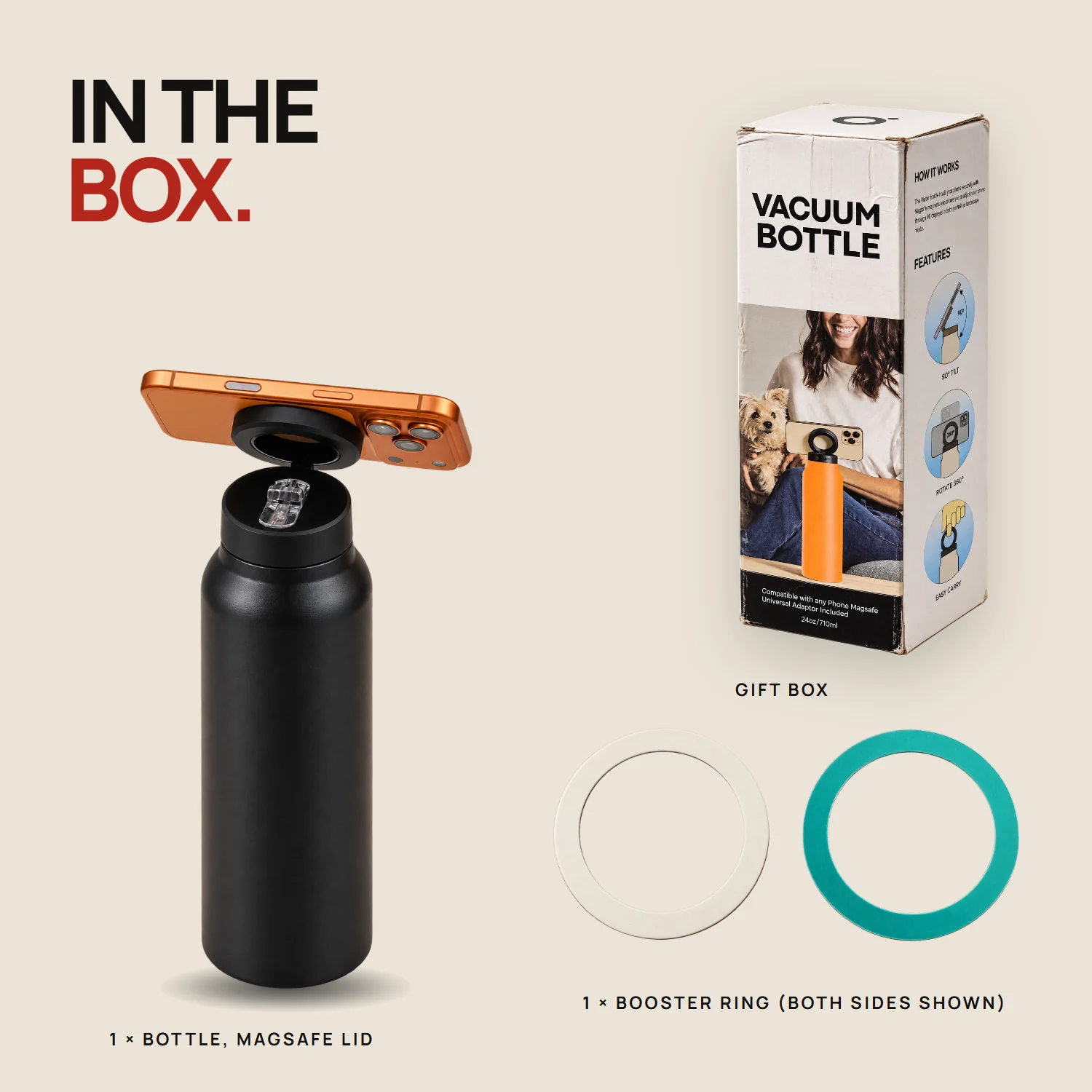 In the box: the bottle with MagSafe lid, one magnetic booster ring and the gift box
