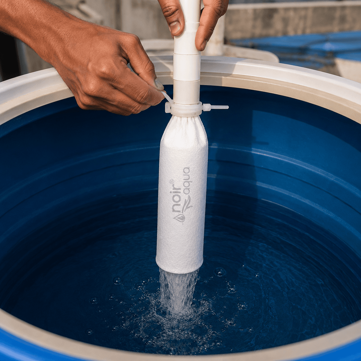 Hands fitting the micron filter bag onto an inlet pipe over a full overhead water tank