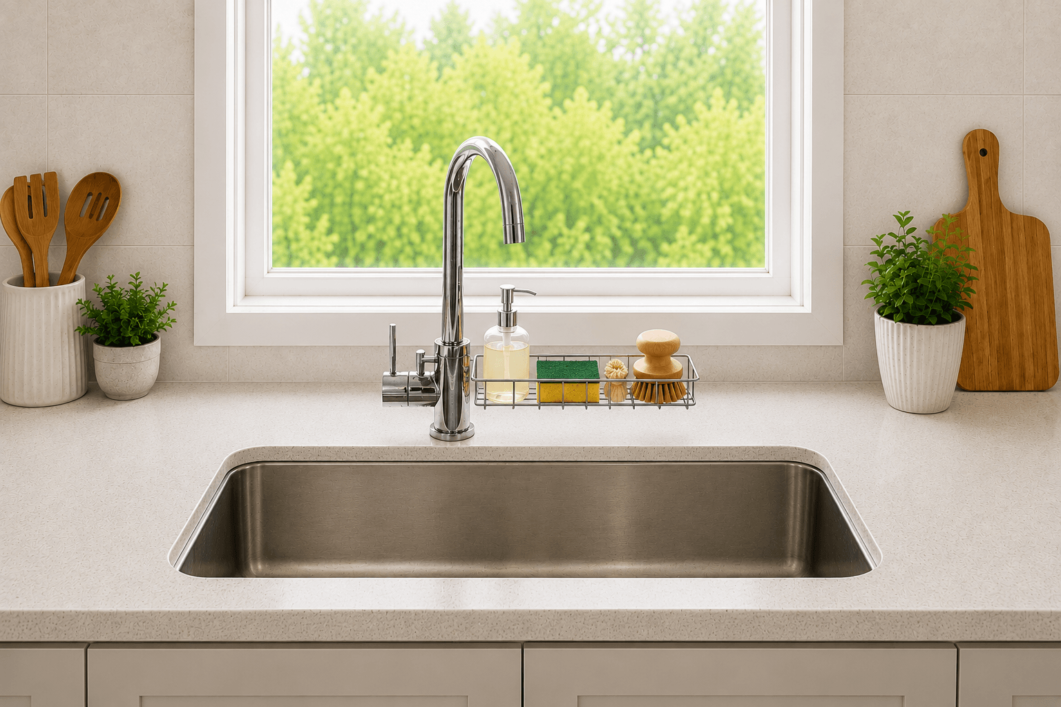Clean, organised sink corner with the caddy fitted