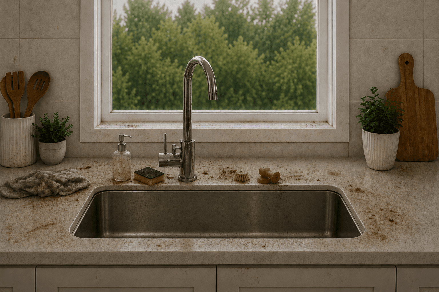 Cluttered sink with sponge lying in a puddle